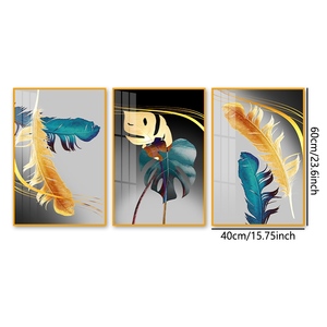 Ensemble d'<span class=keywords><strong>art</strong></span> mural en porcelaine cristalline de luxe, nature morte <span class=keywords><strong>aquarelle</strong></span>, plumes et feuilles tropicales - 3 panneaux, décoration moderne pour salon - Product Image 2