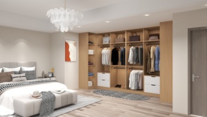Placard moderne en forme de U avec panneau de portes en verre, meubles de chambre à coucher, armoire en bois en forme de L pour hommes, <span class=keywords><strong>dressing</strong></span> personnalisé - Product Image 3