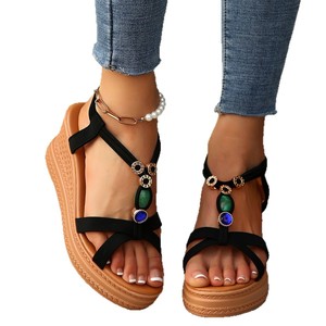Sandalias de cuña con cuentas y punta abierta para mujer, suela gruesa, elásticas, estilo romano, novedad de verano - Product Image 5