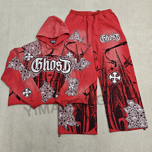 Conjunto de pantalones de chándal desgastados con diamantes de imitación y manga de serigrafía de lavado ácido de gran tamaño personalizado - Product Image 1