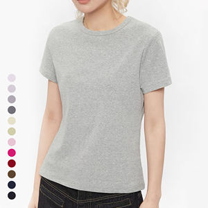 Top elástico con hombros estructurados Camiseta corta ajustada con cuello redondo para mujer de verano 2025 - Product Image 2