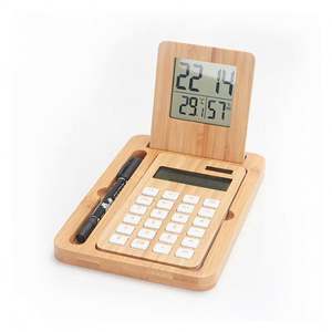Calculadora de Escritorio Ecológica de Bambú con Logotipo Personalizado, Reloj con Temperatura y Humedad, Pantalla de 12 Dígitos, Regalo Doble - Product Image 1