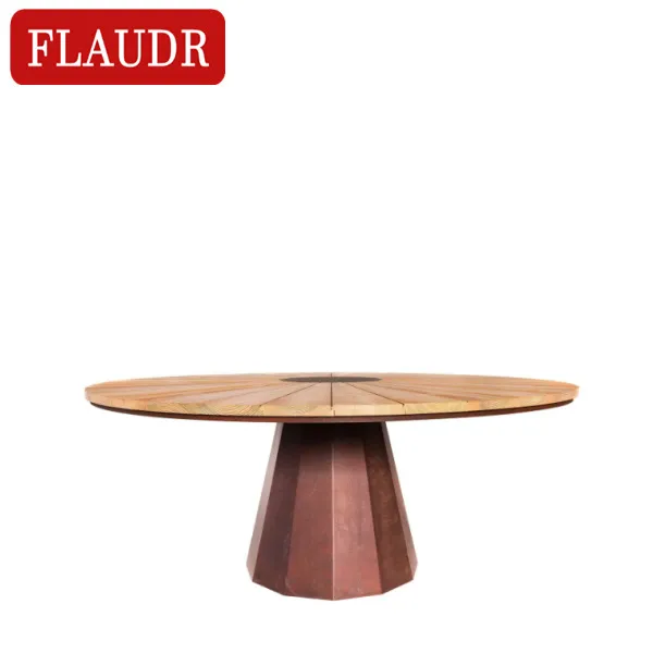 Modern fashion plain dark brown round solid wood tops and brass stainless steel legs dining table