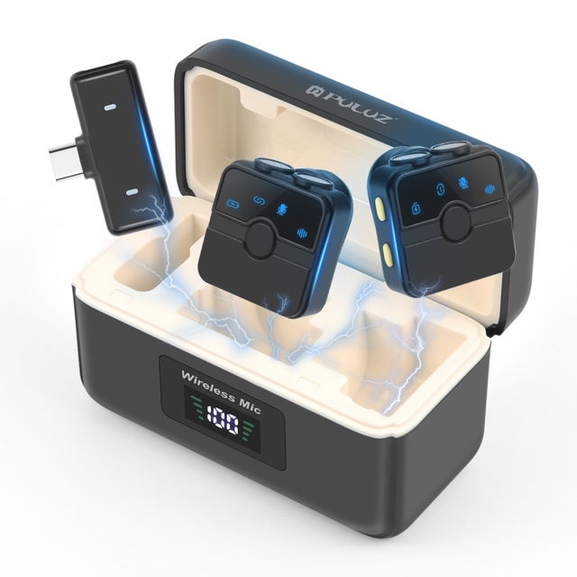 PULUZ Magnetic Lavalier Wireless Microphone with Charging Case Box for iphone RX Receiver and 2 TX Microphones
