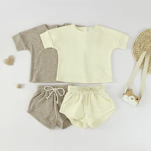 Custom Design Baby Clothes Summer Casual Pure Color Short Sleeve Ribbed Cotton Baby Girl Clothing Sets