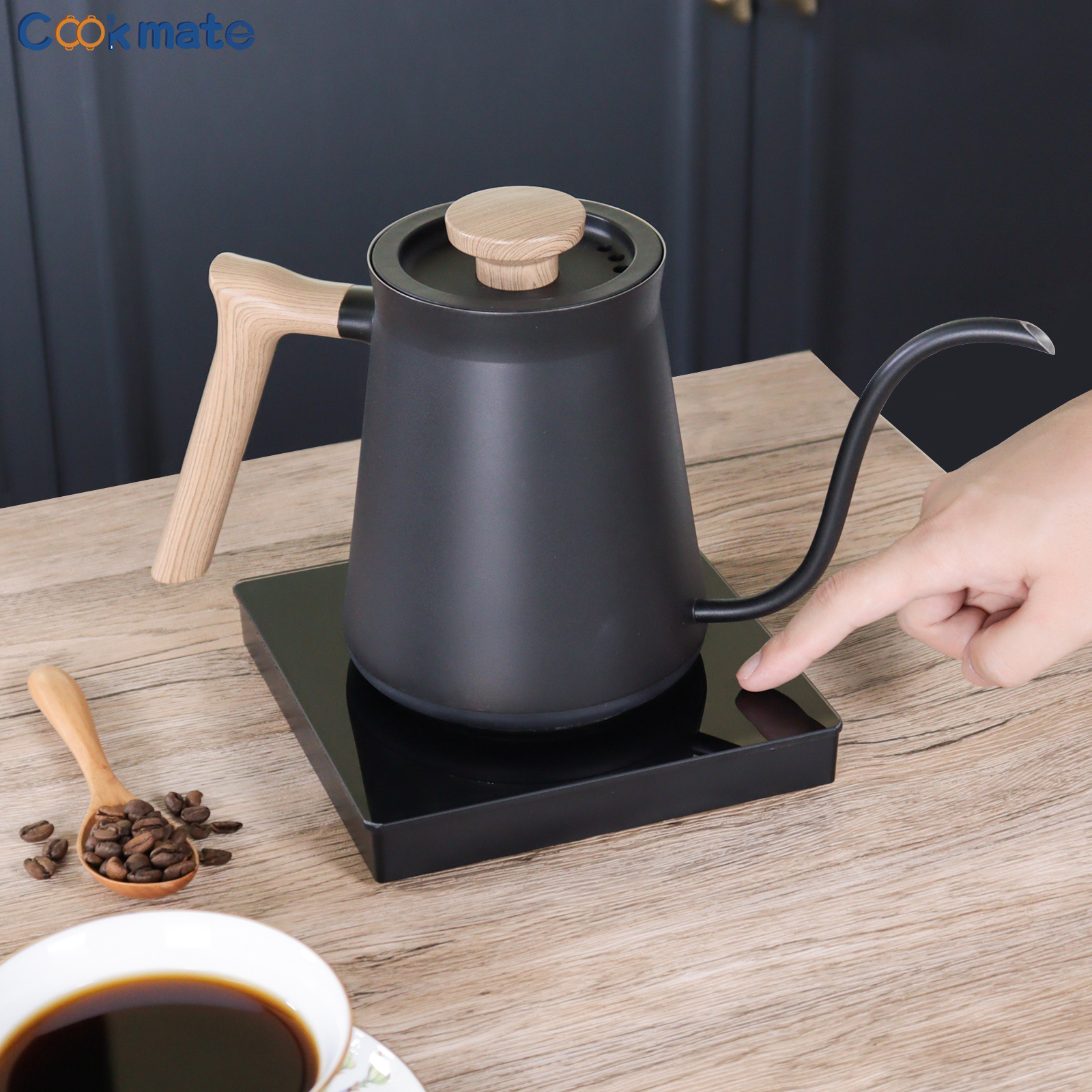 Bollitore A Collo Di Cigno In Acciaio Inox Con Coperchio In Legno - 18,6x9,1cm, Beccuccio Lungo E Stretto Per Versare Caffè E Tè Con Precisione - 3
