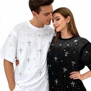 Camiseta de Hombre Oversize con Diseño Vintage Lavado, Estampado de Estrellas y Cruces con Pedrería, Corte Boxy, Novedad 2026 - Product Image 3