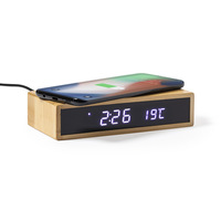 Chargeur sans fil en bambou avec réveil numérique, horloge de bureau à affichage LED avec température, fonction snooze pour chambre à coucher et bureau