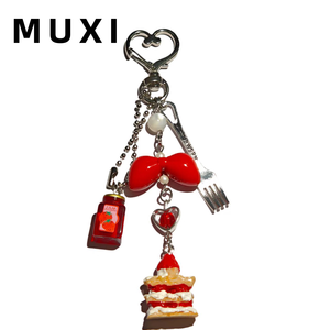 Cute Girly Heart Sweet Ins Style Stereo Bow Strawberry Cake Cubiertos Decoración Llavero Hecho de aleación - Product Image 6