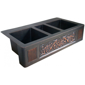 Évier de luxe en cuivre, tablier de ferme, évier martelé <span class=keywords><strong>vintage</strong></span>, triple bol de cuisine, évier rectangulaire pour poste de travail - Product Image 4