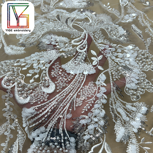 Thanh Lịch Cô Dâu Thêu 3D <span class=keywords><strong>Sequin</strong></span> Ngọc Trai Vải Ren Vải Nặng Handmade Đính Cườm Sequins Lưới Ren Vải Cho Váy Cưới - Product Image 2