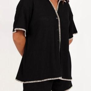 Ensemble de pyjama deux pièces tricoté pour femme, col en V, manches courtes, style décontracté, couleur unie, nouvelle collection été, vente chaude - Product Image 4