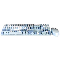 Keyboard Mouse Komputer, Papan Ketik QWERTY Warna-warni Retro Bulat 2.4G US Set Kombo Ukuran Penuh