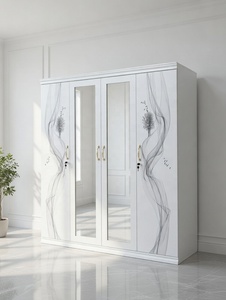 Nouvelle Armoire en Acier 2025, 4 Portes, Motif Vague Doré, Panneau Miroir, Penderie Métallique Blanche - Product Image 4