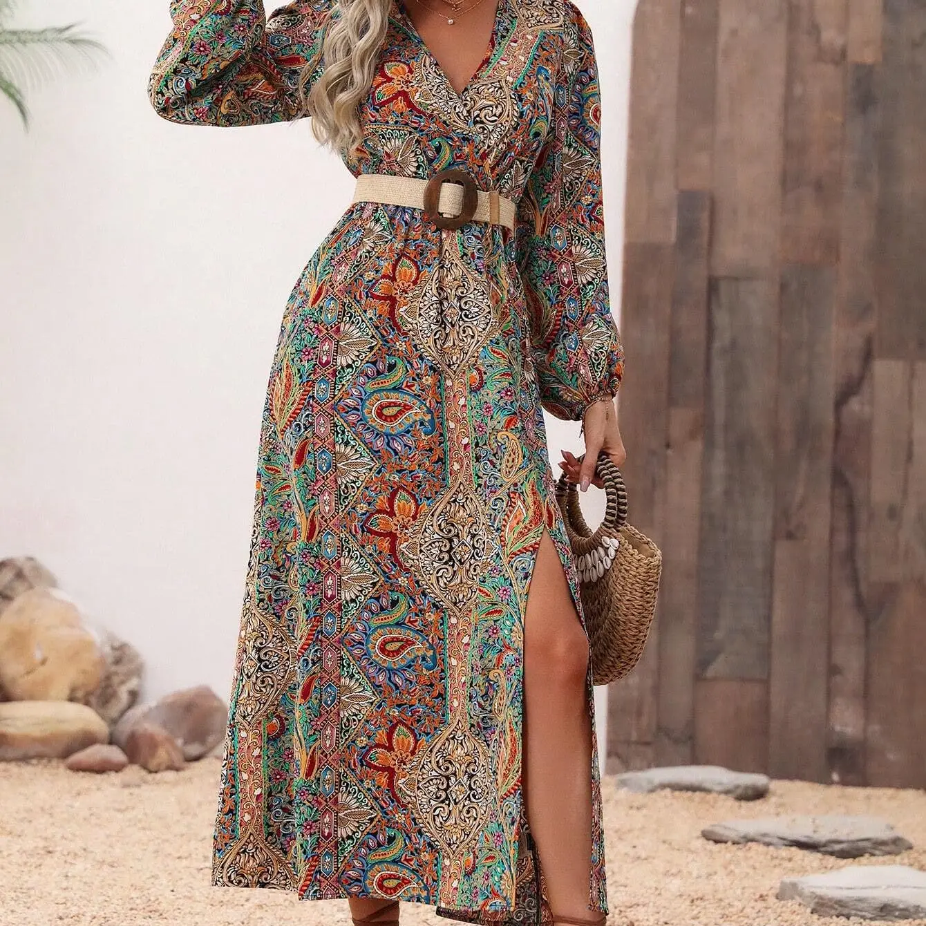 Nouveau design Robe longue de bohème élégante et décontractée à manches longues et col en V pour femmes