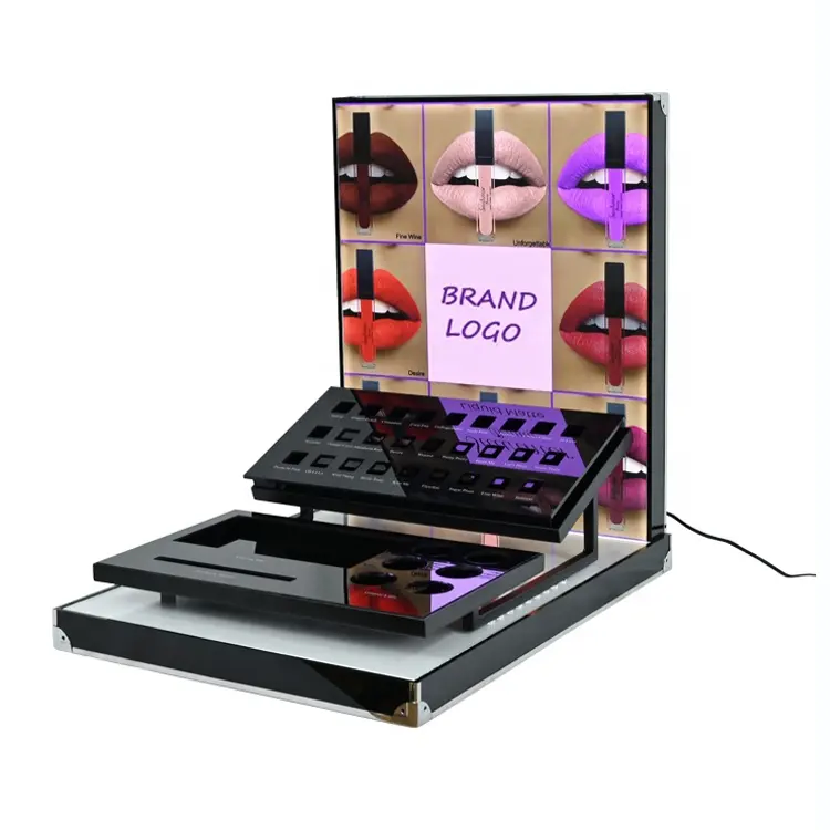 Soporte de exhibición de acrílico cosmético LED APEX, soporte de exhibición de maquillaje para mostrador de lápiz labial para tienda de cosméticos