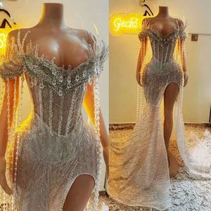 Abiti da sposa Aso Ebi: Modelli da donna Sea Girl Abiye con spacco laterale, perline, pizzo e cristalli, ideali per compleanni e secondi ricevimenti - Product Image 2