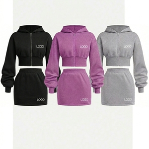 Set da Donna 2 Pezzi Personalizzato con Logo OEM: <span class=keywords><strong>Felpa</strong></span> Corta con Zip e Minigonna Aderente a Vita Alta, Outfit Casual Streetwear - Product Image 1
