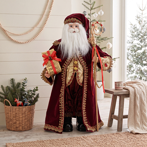Burgundy Gold Pompom Trim <b>Santa</b> Claus Statue with Ornate Sceptre for Palace Style Xmas Display - Product Image 1