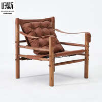Fauteuil de loisirs rétro en bois massif et cuir, style safari du milieu du siècle, chaise confortable pour la maison, le salon, le balcon, canapé-lit