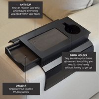 Plateau d'accoudoir de canapé pliable en bambou noir personnalisé avec porte-gobelet et tiroir pour rangement télécommande et téléphone