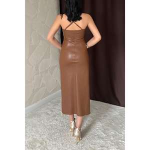 Robe fourreau marron sans dos en similicuir, robe de soirée couleur café, taille naturelle - Product Image 2