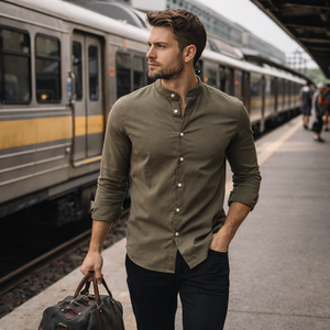 Camicia da <span class=keywords><strong>Uomo</strong></span> <span class=keywords><strong>in</strong></span> <span class=keywords><strong>Lino</strong></span> Verde Oliva Premium Traspirante con Colletto alla Coreana e Ricamo Personalizzato a Maniche Lunghe - <span class=keywords><strong>Abbigliamento</strong></span> Casual da <span class=keywords><strong>Uomo</strong></span> - Product Image 3