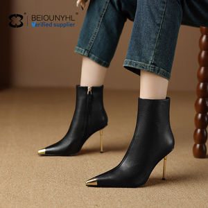 Stivali con tacco autunno inverno <span class=keywords><strong>in</strong></span> vera <span class=keywords><strong>pelle</strong></span> alla moda stivaletti alla caviglia con cerniera Sexy tacco alto a punta neri stivaletti - Product Image 2