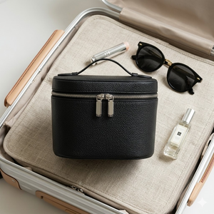 Coffee Litchi Pattern PU Leather <b>Makeup</b> Bag Cylindrical Travel Toiletry <b>Case</b> Large Capacity Vanity Organizer Cosmetic Box Handle - Product Image 3