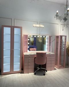 Grande coiffeuse avec miroir et éclairage LED rose, avec armoire de rangement pour la chambre à coucher - Product Image 4