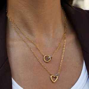 Heart Shaped Double <b>Ring</b> Pendant <b>Necklace</b> Gold Silver Color Block Geometric Design Unisex Everyday Wear - Product Image 3