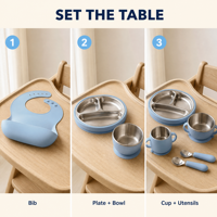 Juego de alimentación para bebés de silicona y acero inoxidable al por mayor personalizado: babero, tazón con ventosa, plato dividido, taza, cuchara y tenedor