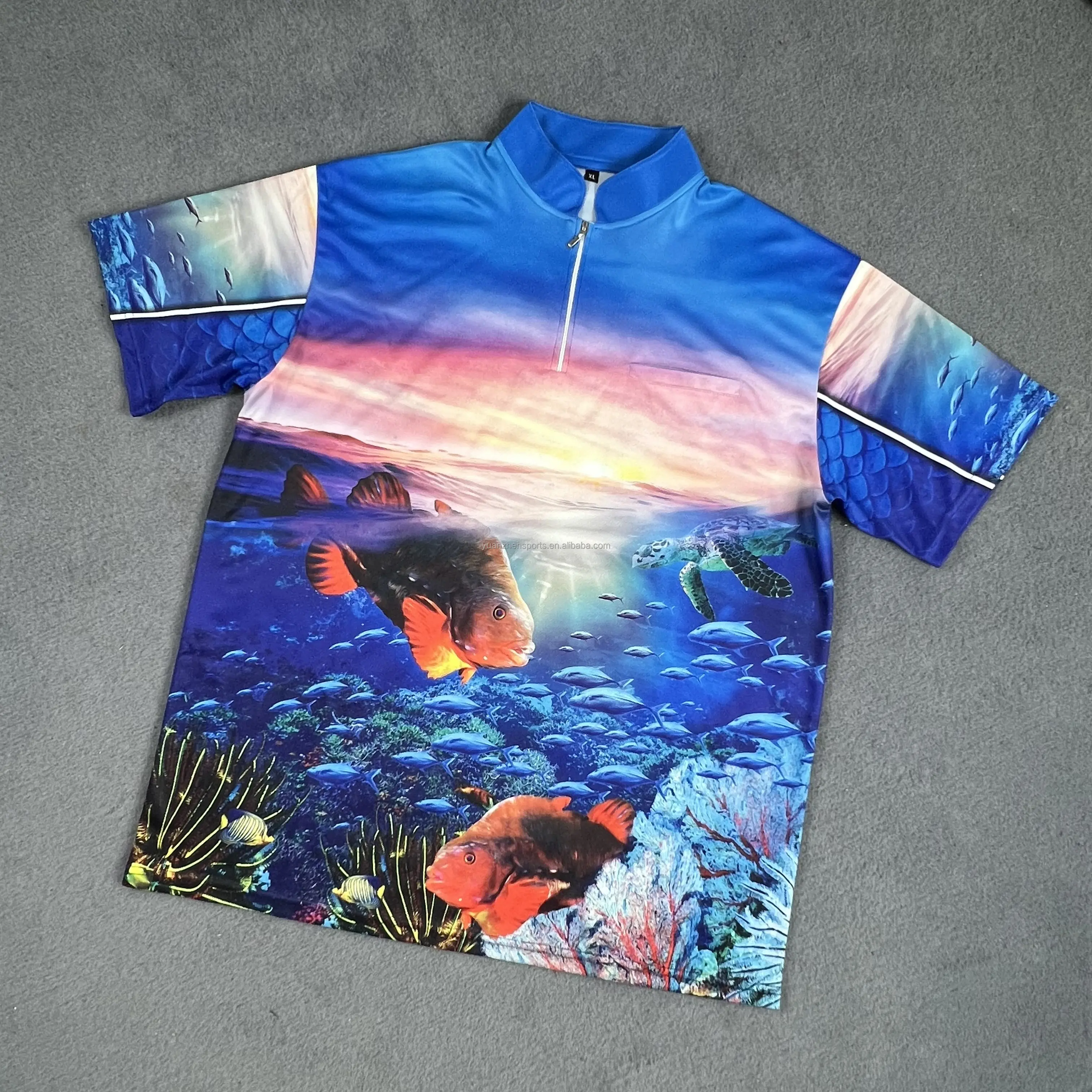 custom digital printing shorts sleeve stand up collar polo fishing shirt with internal pocket