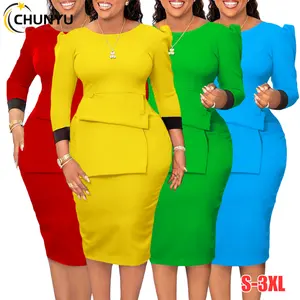 Women's Solid Crew Neck Long Sleeve Ruffle Business Office Bodycon Cocktail Party Pencil Package Hip Midi Dress