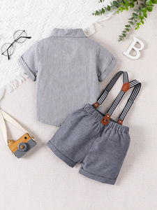 Vêtements d'été personnalisés pour bébés <span class=keywords><strong>ensemble</strong></span> de vêtements formels pour enfants avec nœud papillon chemise à rayures <span class=keywords><strong>short</strong></span> à bretelles <span class=keywords><strong>ensemble</strong></span> de vêtements pour tout-petits garçons - Product Image 4