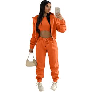 Frauen Herbst Winter Outfits Crop Top <span class=keywords><strong>3</strong></span>-teiliges Set Hoodies Sweat suit Jogging anzüge mit hoher Taille Cardigan Langarm pullover 2 PC Set - Product Image 2