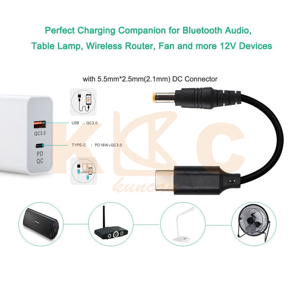 Bacron USB-C PD to 12v DC 5.5x2.1mm Adapter 5a Cable, Male to DC Female 12V 19V 20V Adapter, USB C to 5.5x2.1mm Adapter Made for Solar Panel, Motorhom USB C PD to 9V 12V 15V 20V 5.5x2.5mm Power Supply Cable for Router