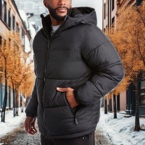 Custom Casual Men's Winter Hooded Stand Collar Zipper Closure <b>Waterproof</b> Puffer <b>Jacket</b> with 100% Nylon Filling Wholesale Custom - Product Image 2