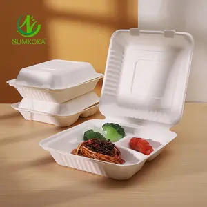 Environmental Protection Biodegradable Sugarcane Pulp Disposable Bagasse Packaging Square Containers With Lids Unbleached