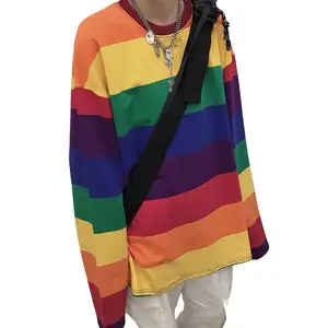 New Asian Korean Design Women Rainbow Stripe Printed Long Sleeve O-neck Loose T-shirt Blouse Tops Pullover Casual T-shirt