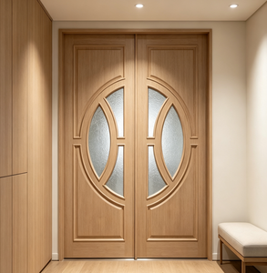 Puerta de Entrada de Madera Maciza de Alta Calidad, Puerta Doble Comercial con Vidrio Tallado a Medida para Espacios Comerciales - Product Image 3