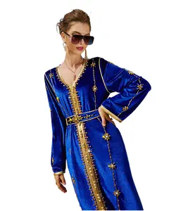 SH0017 Neues hand genähtes Kristall Königsblau Samt V-Ausschnitt festes Maxi kleid Nahost Muslim Luxus Stickerei lange Robe Low Moq