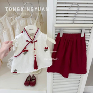 Tongxingyuan Girls Summer Chinese Style Top And Pants Set Thin Party Wear Traditional Clothing - Product Image 1
