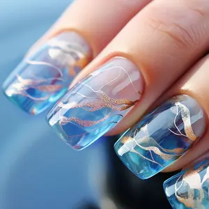 Presse carrée sur les ongles moyen bleu taché feuille d'or ligne gros faux faux ongles presse sur