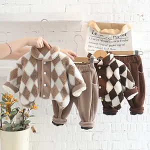 Boys winter suit children's fashion suit plus fleece and cotton plaid casual coat suit boy clothing sets