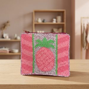 Handmade Beaded Pineapple Zipper Pouch Pink Green Embroidered Coin Purse Fashion <b>Square</b> Shape - Product Image 2