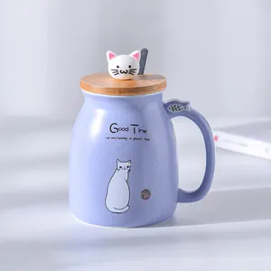 Tasse à café en céramique, style chat mignon, à la mode, couvercle en bois, cuillère dessin animé, tasse créative le jour, pour lait café thé unique, porcelaine