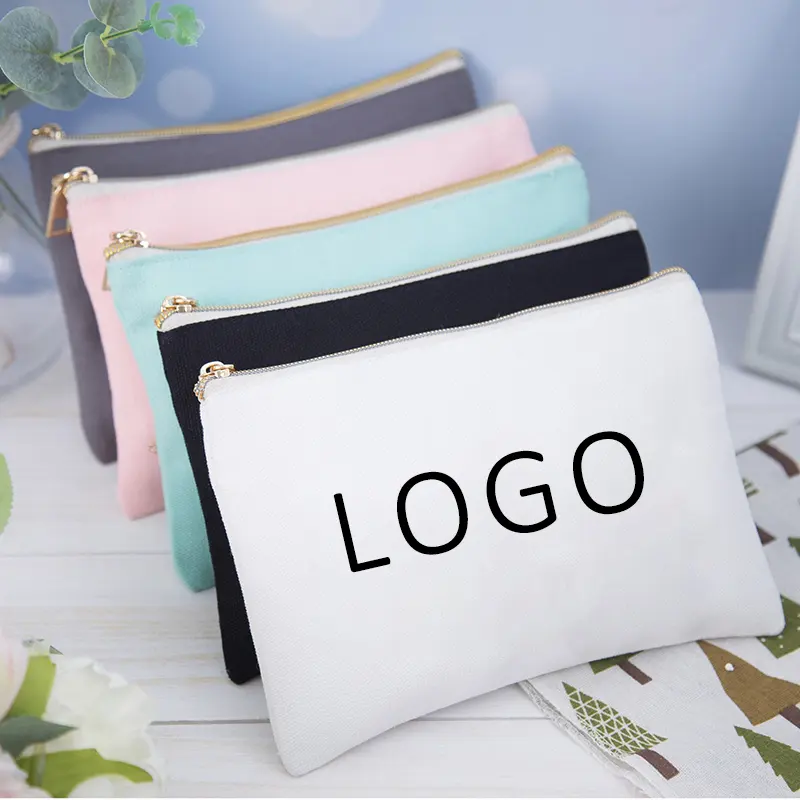 Bolsa con cremallera en blanco de algodón con logotipo personalizado ecológico, bolsas de maquillaje, bolsa de cosméticos de maquillaje de lona de algodón liso