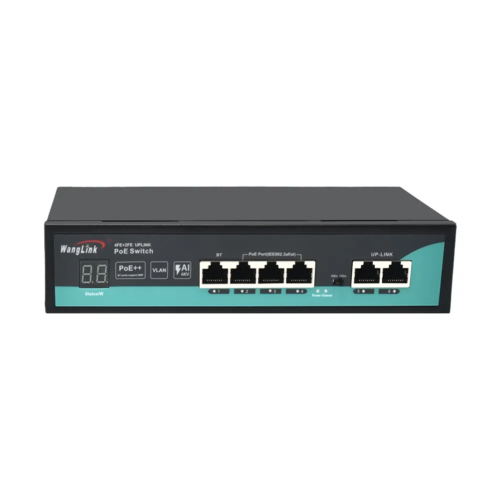 Commutateur Ethernet PoE Wanglink 4 Port PoE 10/100Mbps 2 Port de liaison montante FE RJ45 Commutateur PoE AI avec VLAN et affichage numérique