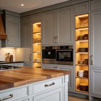 Meubles de cuisine blancs minimalistes de luxe avec îlot incurvé et vitrine rétroéclairée